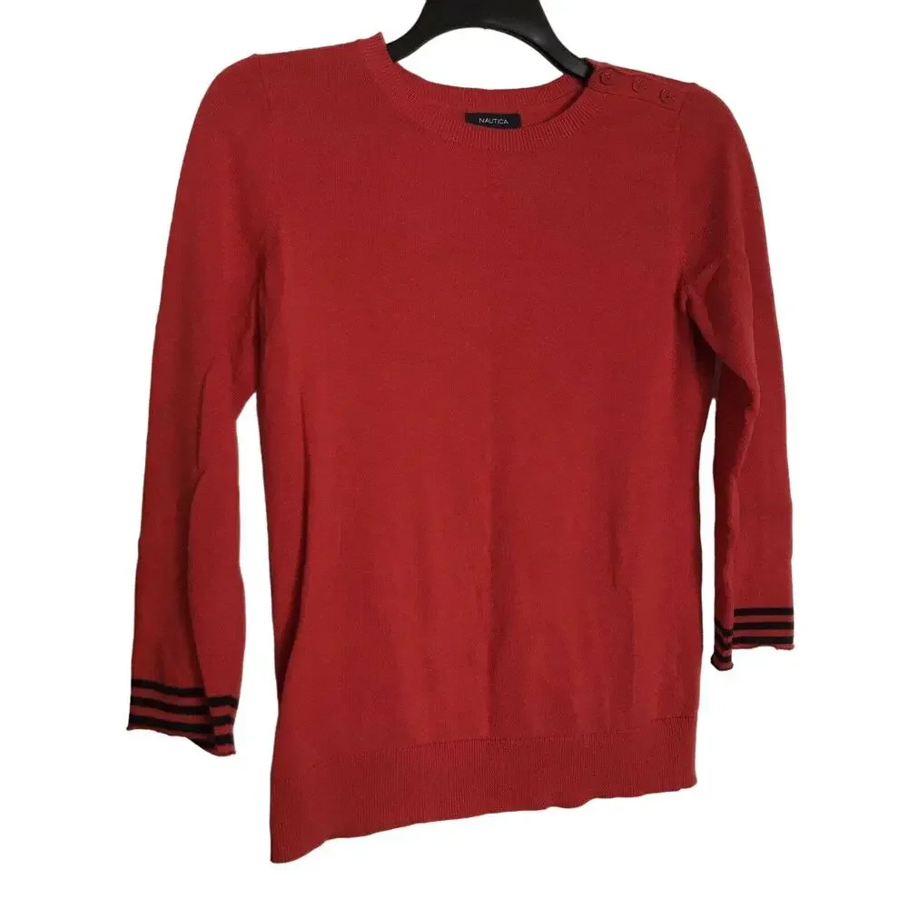 Nautica Red Sweater With Blue Stripes On Cuffs - Size Small - Shoulder Buttons